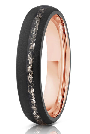 "Dionysus" Sandblasted Tungsten Carbide Ring- Womens Black/Rose w/ Meteorite- 5mm