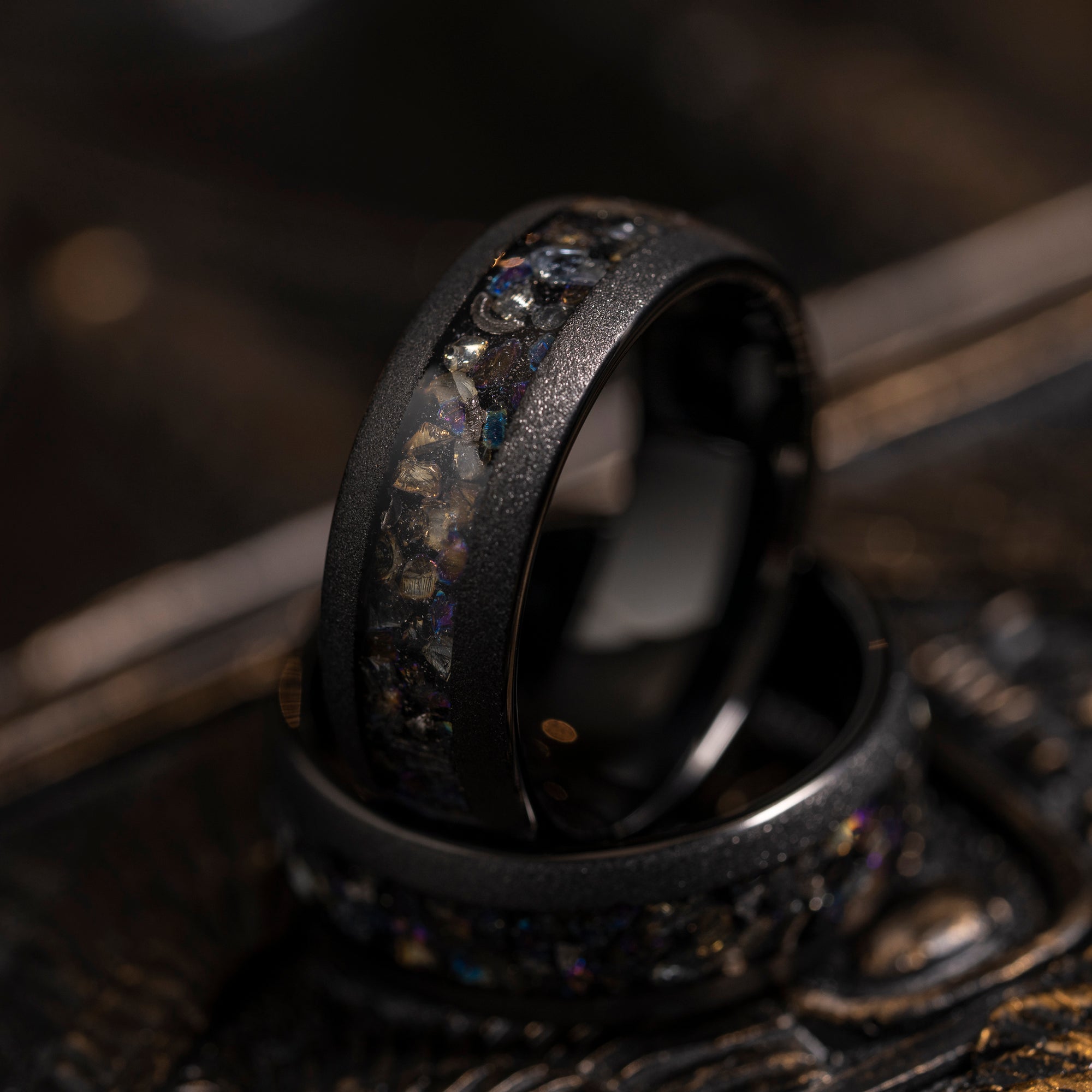 "Zeus" Domed Dark Nebula Ring- Meteorite and Opal- Black 8mm