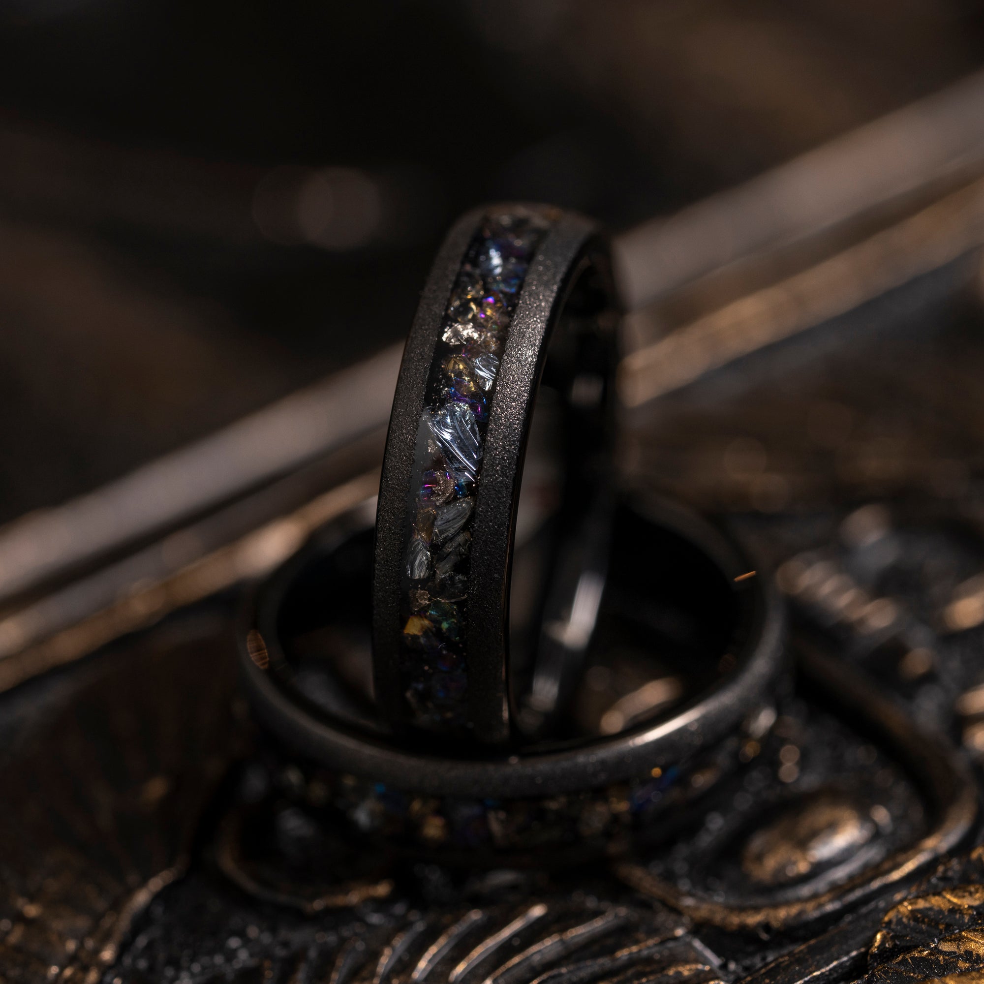 "Zeus" Domed Dark Nebula Ring- Meteorite and Opal- Black 5mm Womens