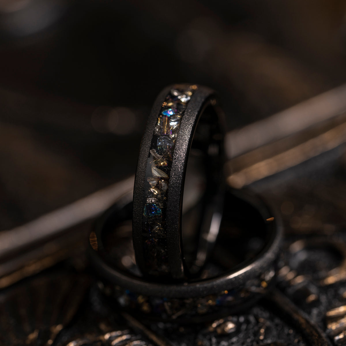 "Zeus" Domed Dark Nebula Ring- Meteorite and Opal- Black 5mm Womens