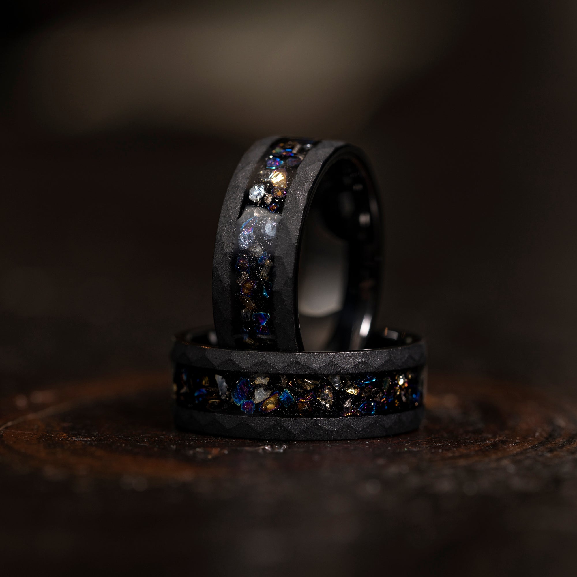 "Zeus" Hammered Dark Nebula Ring- Meteorite and Opal- Black 8mm