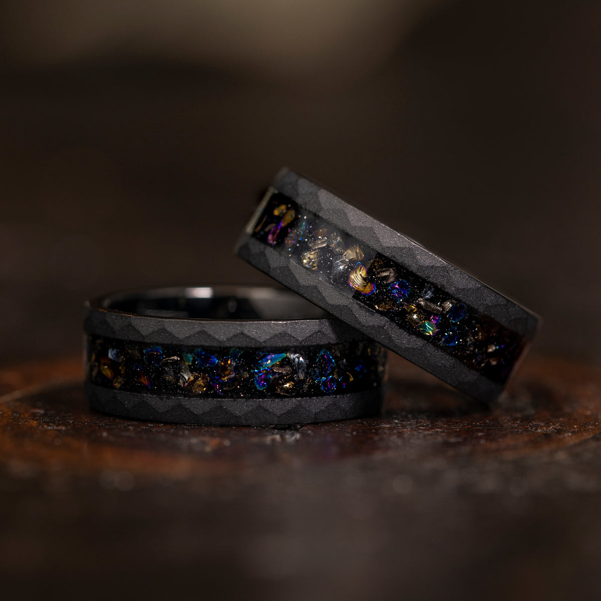 &quot;Zeus&quot; Hammered Dark Nebula Ring- Meteorite and Opal- Black 8mm