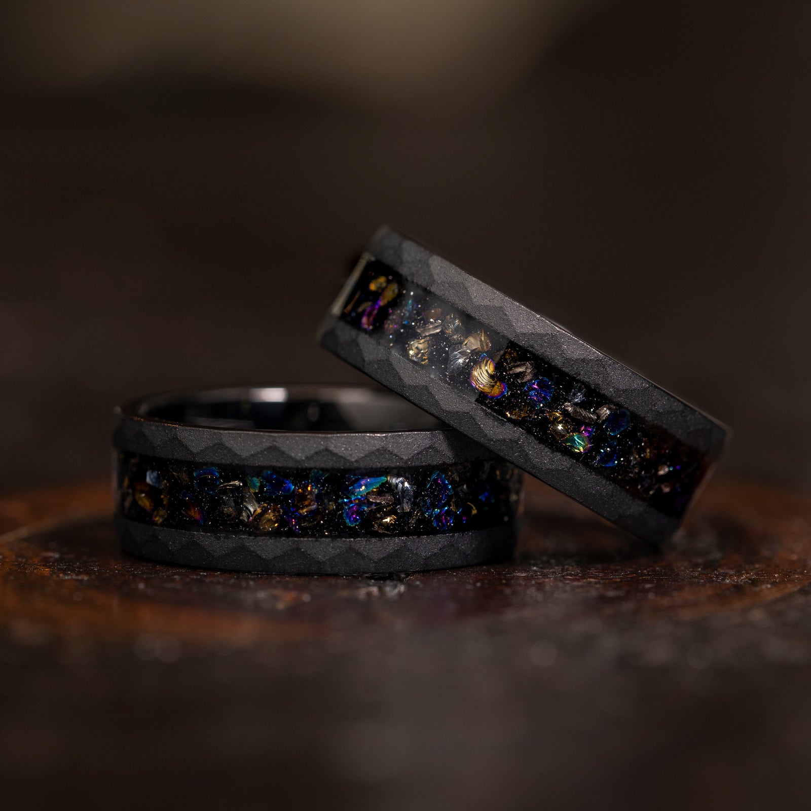 "Zeus" Hammered Dark Nebula Ring- Meteorite and Opal- Black 8mm