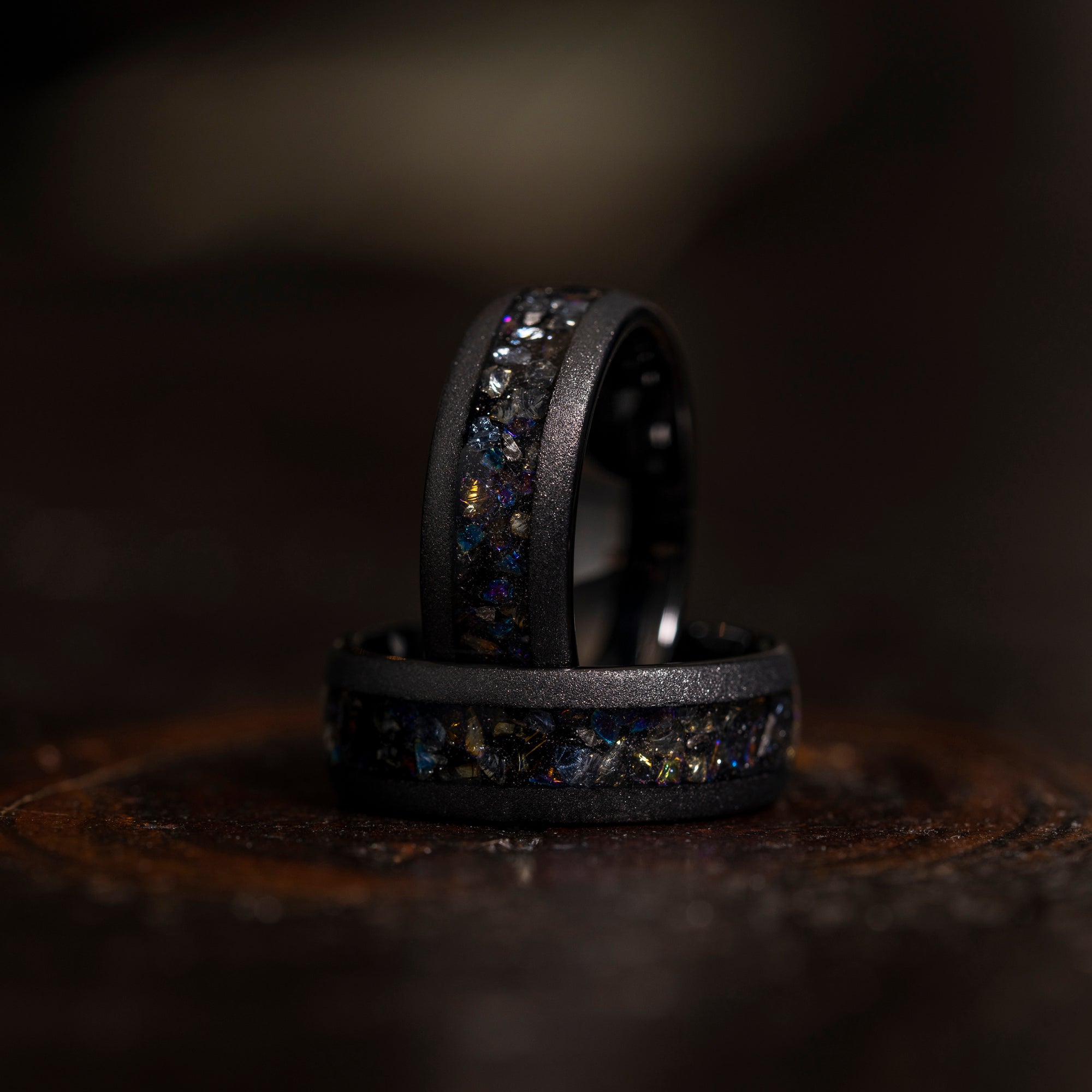 "Zeus" Domed Dark Nebula Ring- Meteorite and Opal- Black 8mm