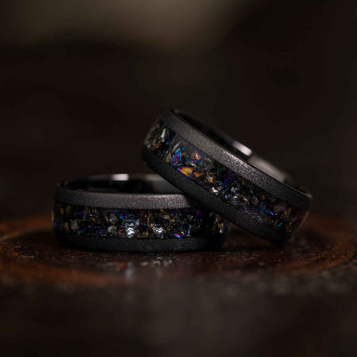 &quot;Zeus&quot; Domed Dark Nebula Ring- Meteorite and Opal- Black 8mm