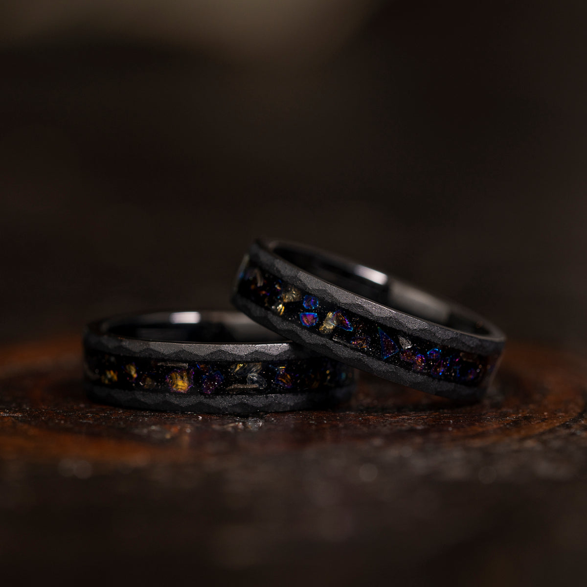 &quot;Zeus&quot; Hammered Dark Nebula Ring- Meteorite and Opal- Black 5mm Womens