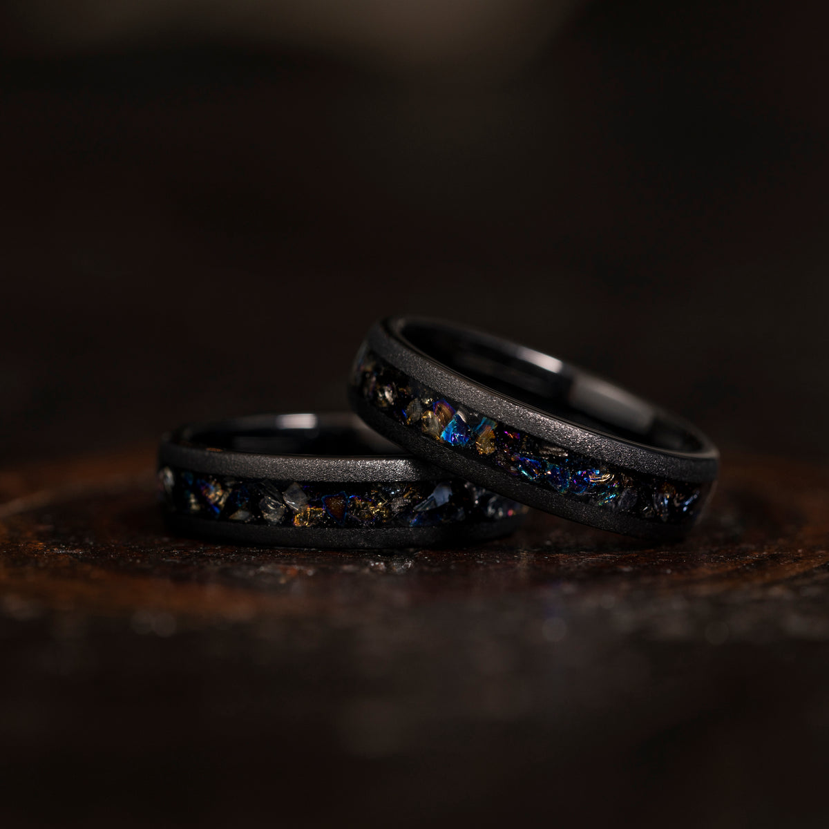 &quot;Zeus&quot; Domed Dark Nebula Ring- Meteorite and Opal- Black 5mm Womens