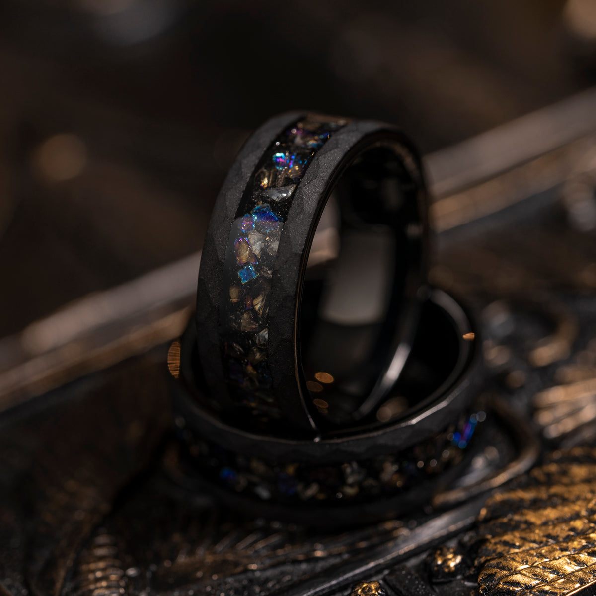 "Zeus" Hammered Dark Nebula Ring- Meteorite and Opal- Black 8mm