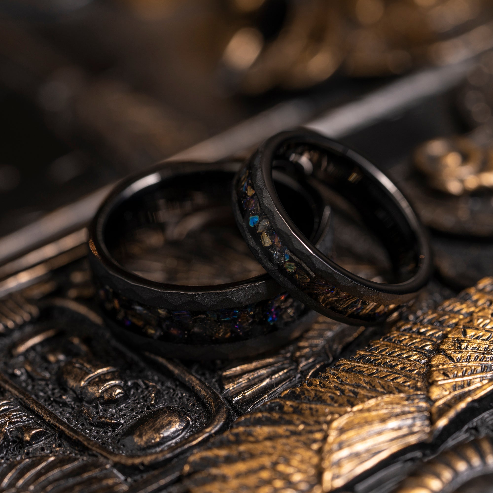 "Zeus" Hammered Dark Nebula Ring- Meteorite and Opal- Black 8mm