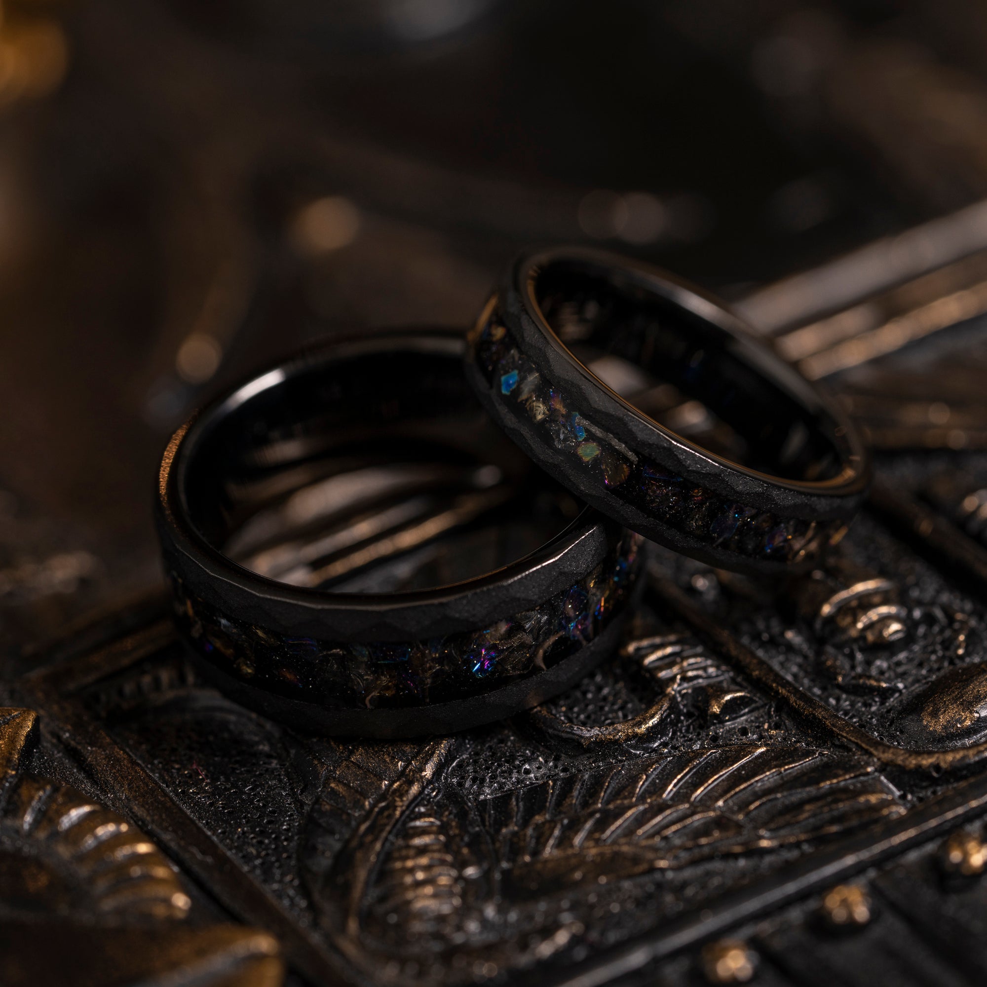 "Zeus" Hammered Dark Nebula Ring- Meteorite and Opal- Black 8mm