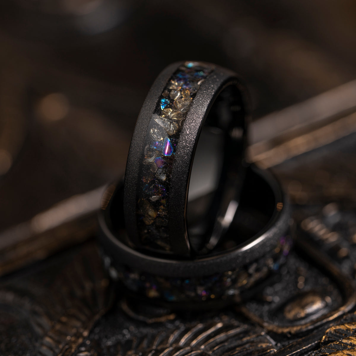 "Zeus" Domed Dark Nebula Ring- Meteorite and Opal- Black 8mm