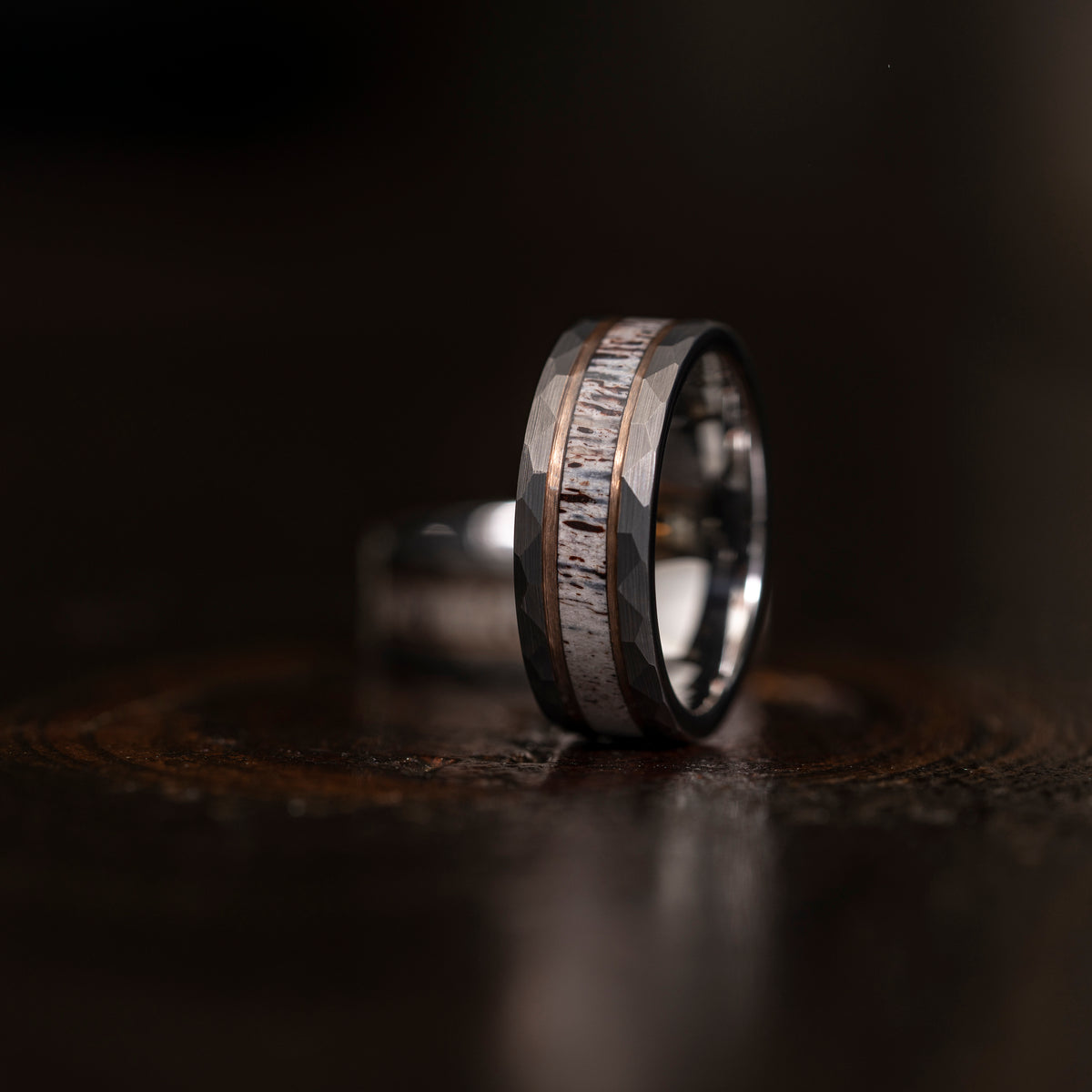 "Zeus" Silver/Rose Hammered Ring with Antler