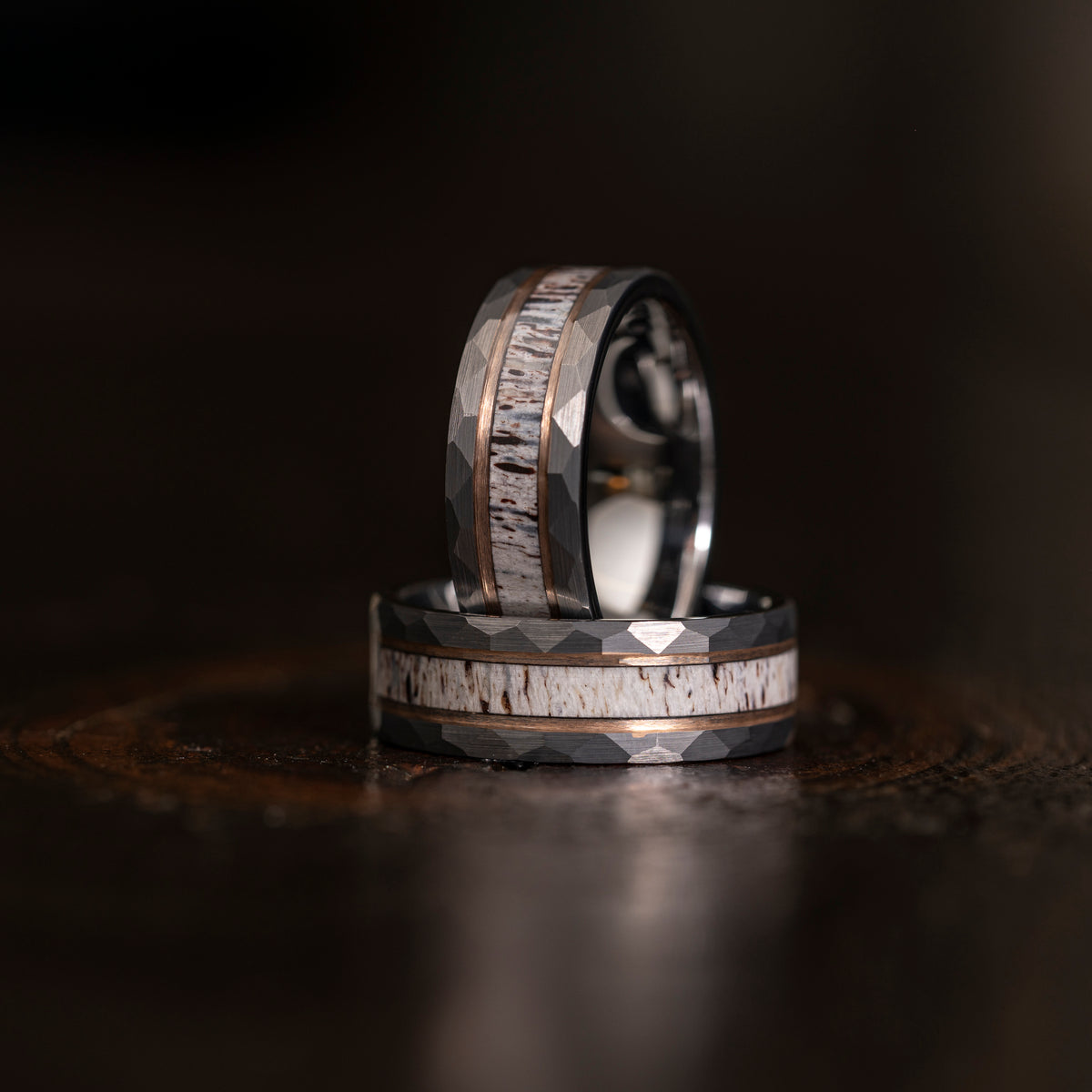 &quot;Zeus&quot; Silver/Rose Hammered Ring with Antler