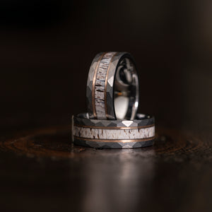 "Zeus" Silver/Rose Hammered Ring with Antler