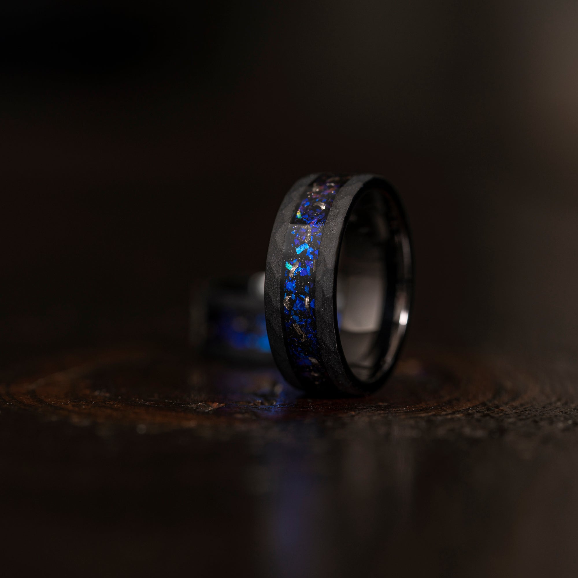 "Zeus" Hammered Nebula Ring- Meteorite and Opal- Black 8mm