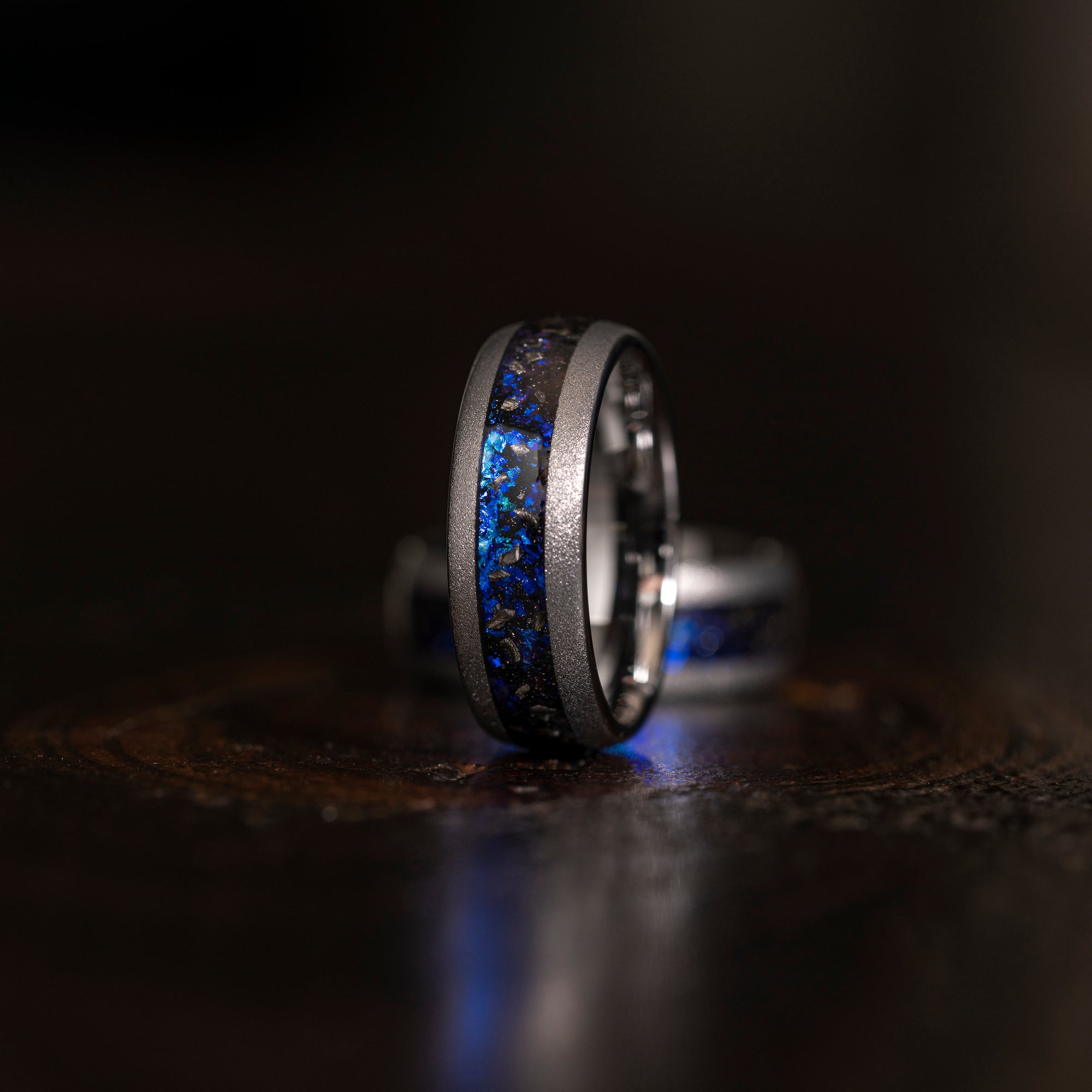 "Zeus" Domed Nebula Ring- Meteorite and Opal- Silver 8mm