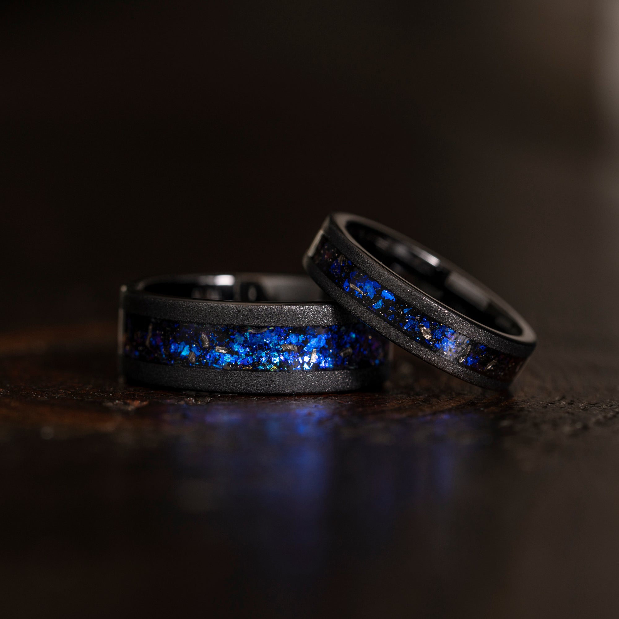 "Zeus" Flat Nebula Ring- Meteorite and Opal- Black 8mm