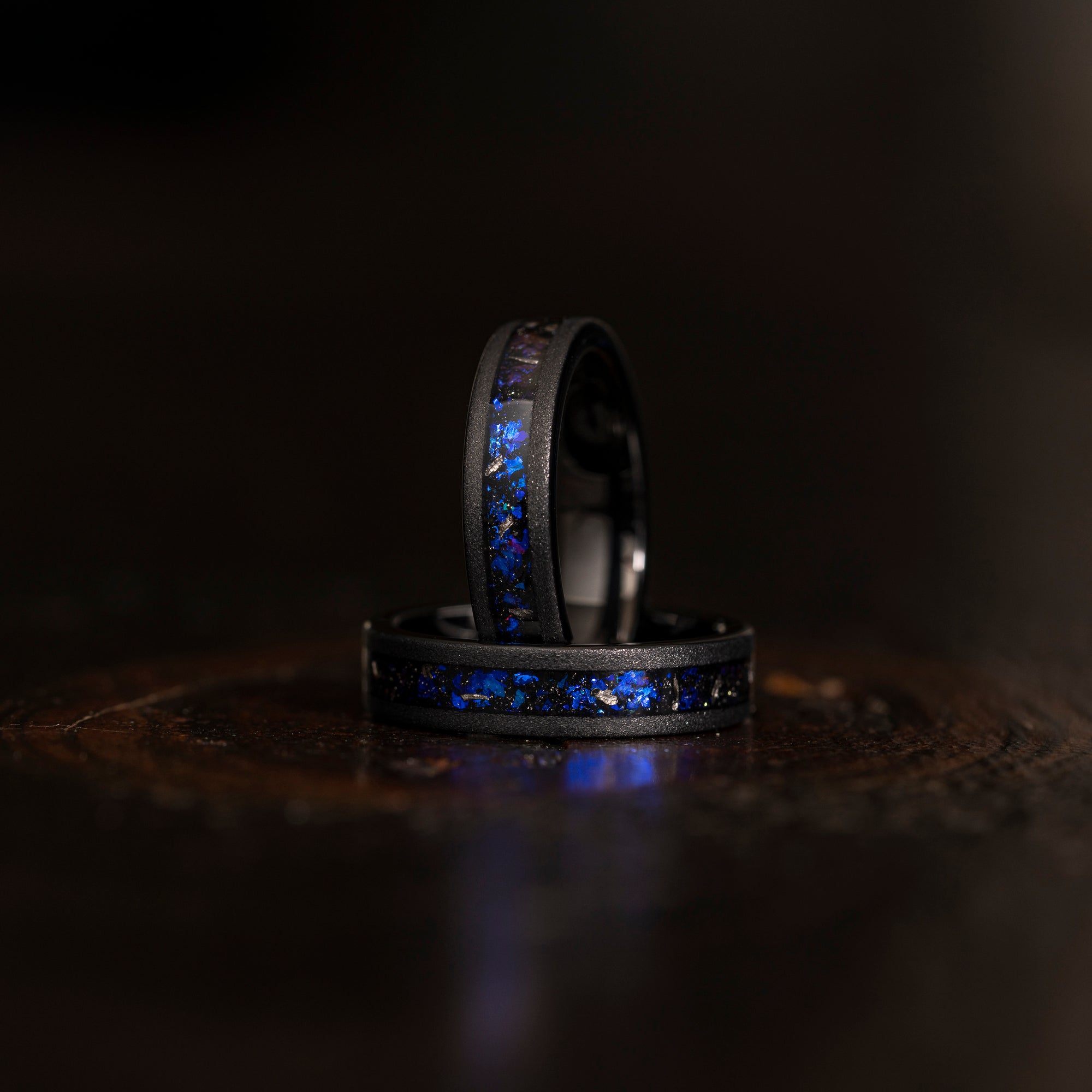 "Zeus" Flat Nebula Ring- Meteorite and Opal- Black 5mm Womens