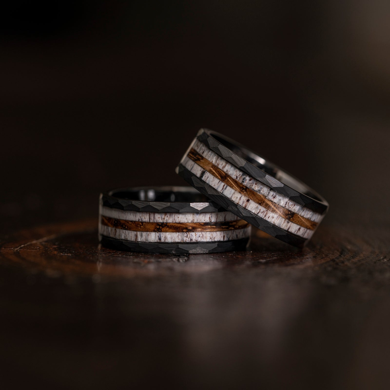 "Zeus" Hammered Ring- Black Charred Whiskey Barrel and Antler