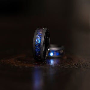 "Zeus" Domed Nebula Ring- Meteorite and Opal- Black 8mm