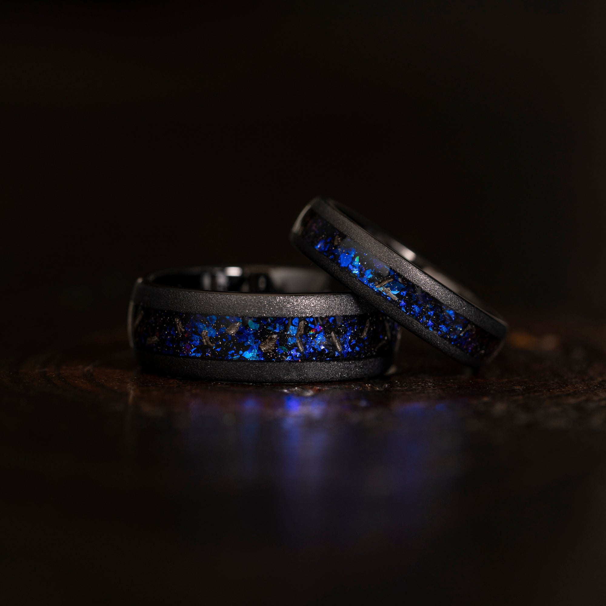 "Zeus" Domed Nebula Ring- Meteorite and Opal- Black 8mm