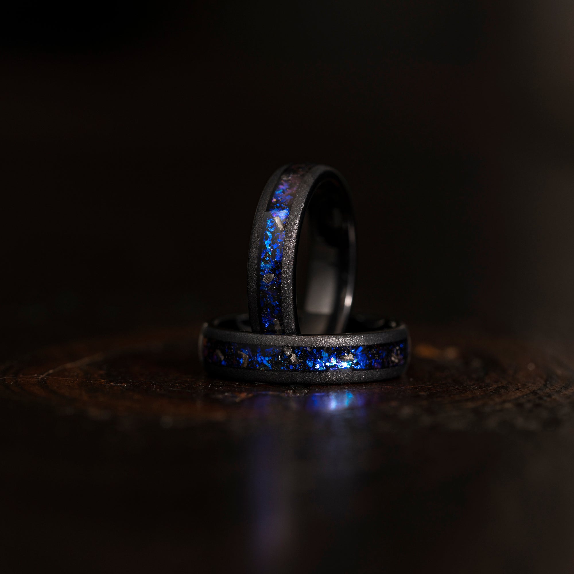 "Zeus" Domed Nebula Ring- Meteorite and Opal- Black 5mm Womens