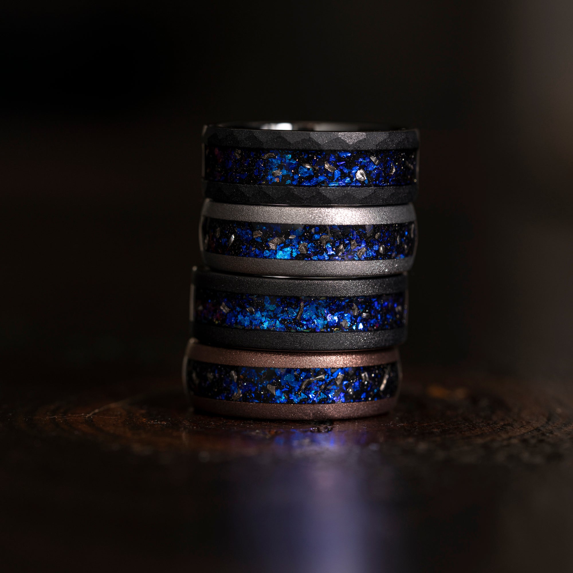 "Zeus" Flat Nebula Ring- Meteorite and Opal- Black 8mm