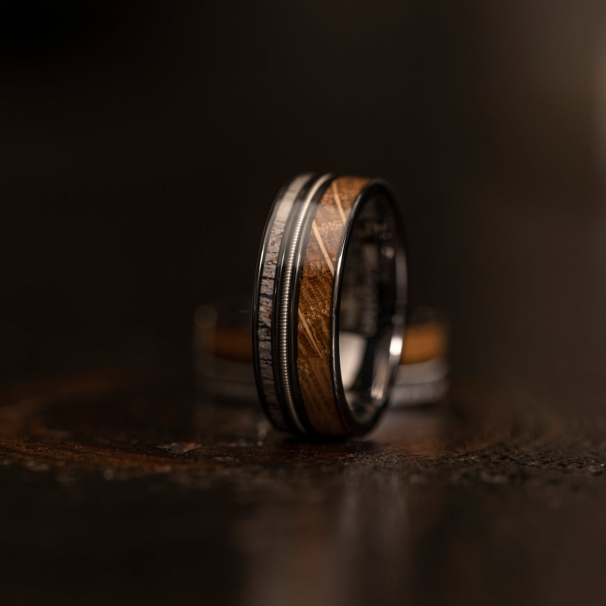 &quot;Dionysus&quot;  Whiskey Barrel Wood x  Antler x Guitar String Ring- Gunmetal Tungsten