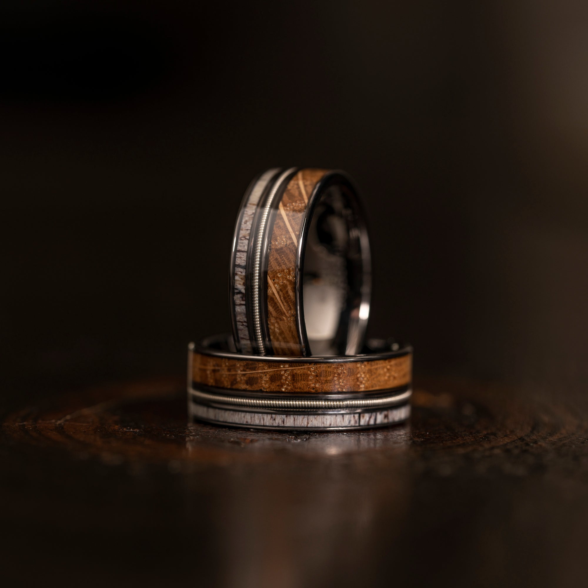 "Dionysus"  Whiskey Barrel Wood x  Antler x Guitar String Ring- Gunmetal Tungsten