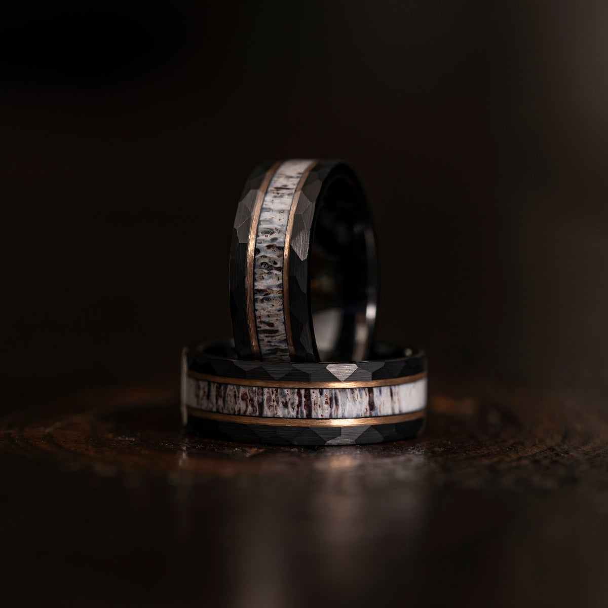 &quot;Zeus&quot; Black/Rose Hammered Ring with Antler