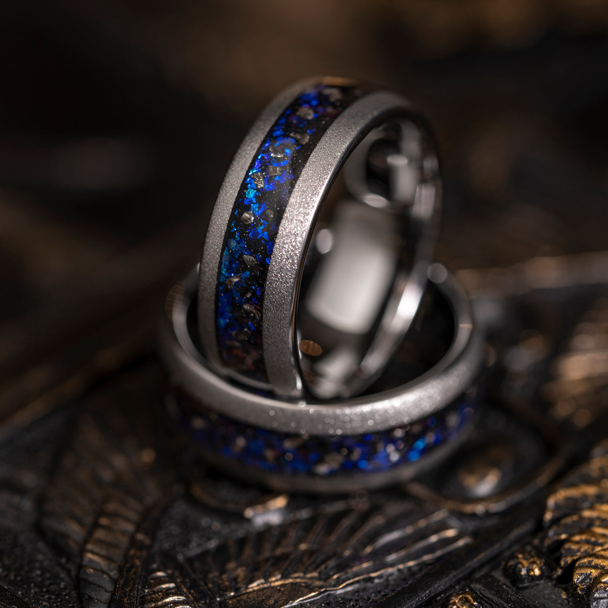 &quot;Zeus&quot; Domed Nebula Ring- Meteorite and Opal- Silver 8mm