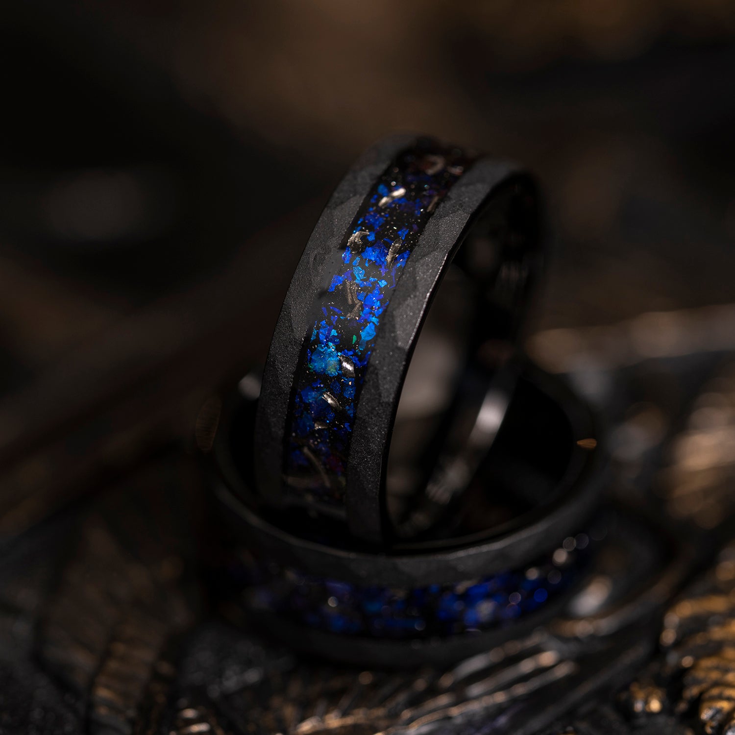 "Zeus" Hammered Nebula Ring- Meteorite and Opal- Black 8mm