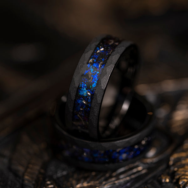 Black Ceramic Boho Ring,, Galaxy Space Ring, Authentic Opals, Meteorite, Hypoallergenic, Couples Ring Set, top Tarnish Resistant, Anxiety Ring.