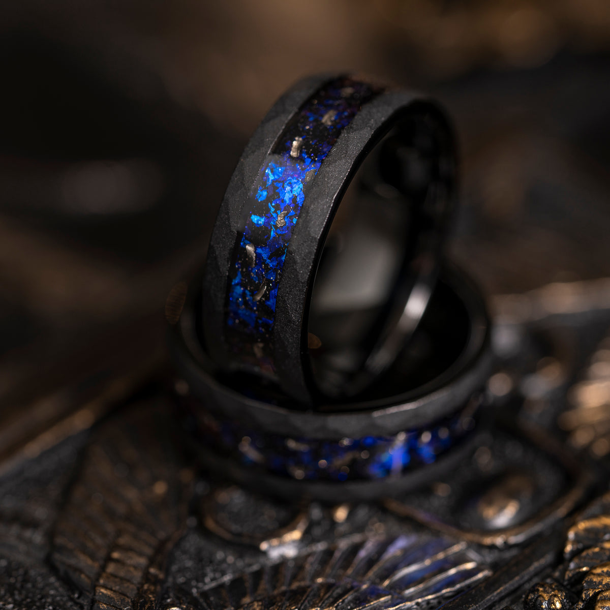 &quot;Zeus&quot; Hammered Nebula Ring- Meteorite and Opal- Black 8mm