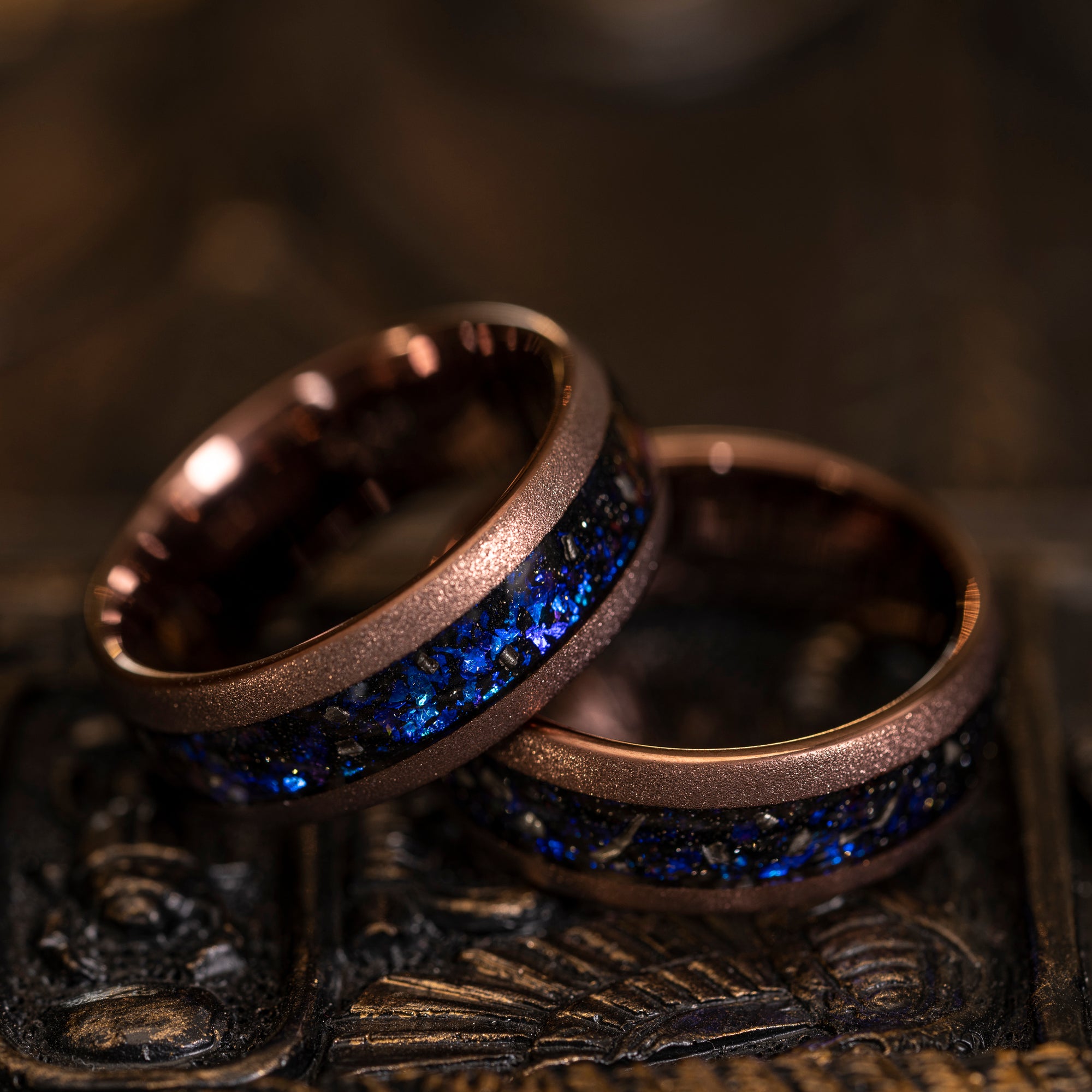 "Zeus" Domed Nebula Ring- Meteorite and Opal- Smoked Rose Gold 8mm