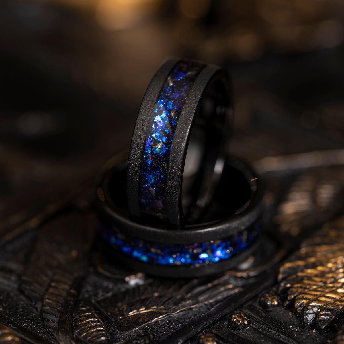 &quot;Zeus&quot; Flat Nebula Ring- Meteorite and Opal- Black 8mm