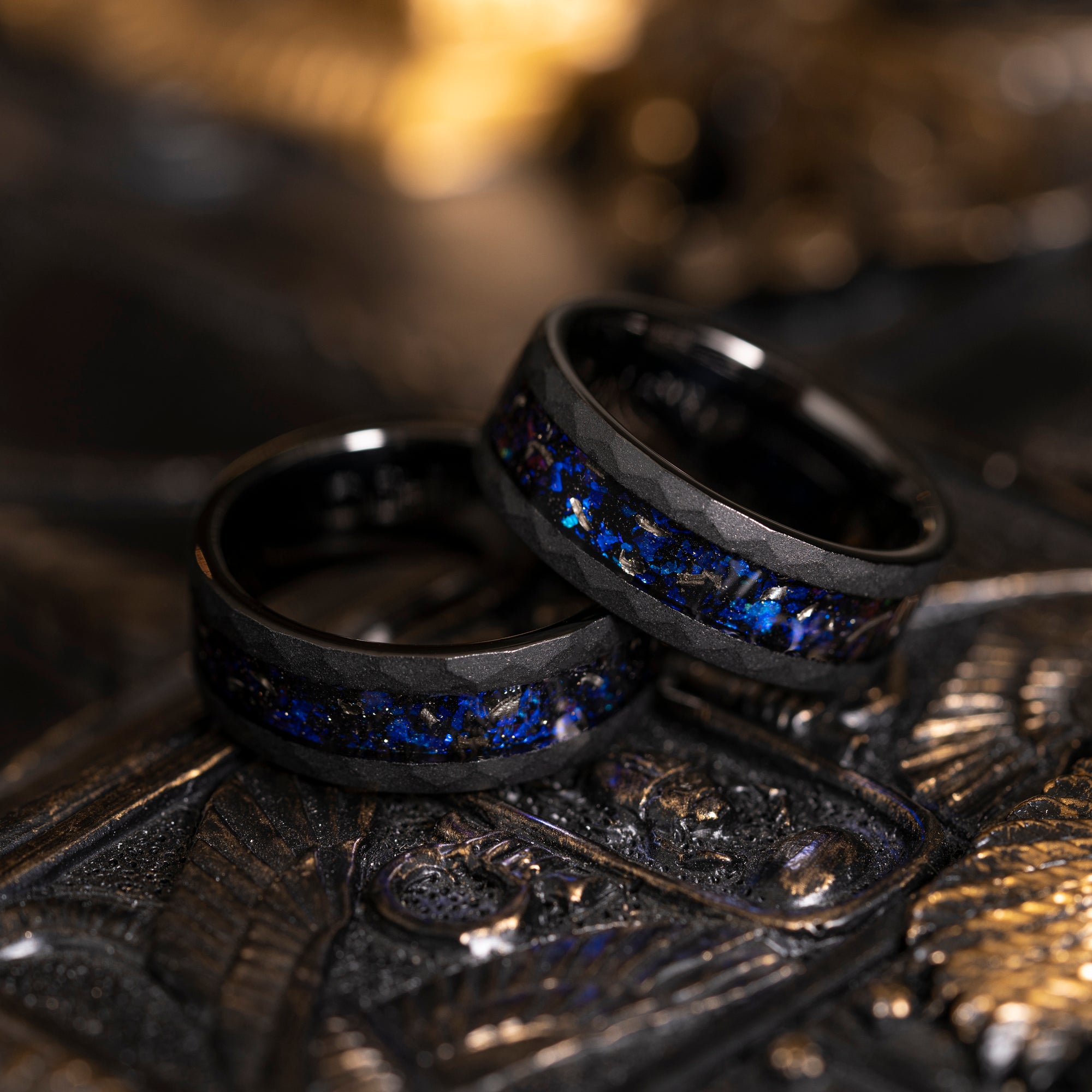 "Zeus" Hammered Nebula Ring- Meteorite and Opal- Black 8mm