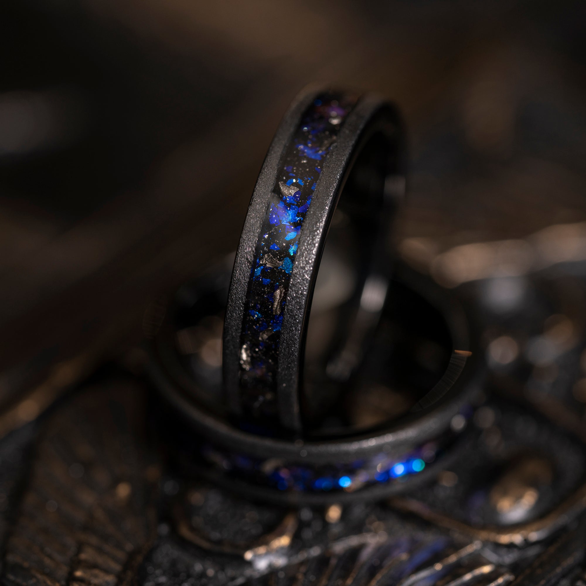 "Zeus" Flat Nebula Ring- Meteorite and Opal- Black 5mm Womens