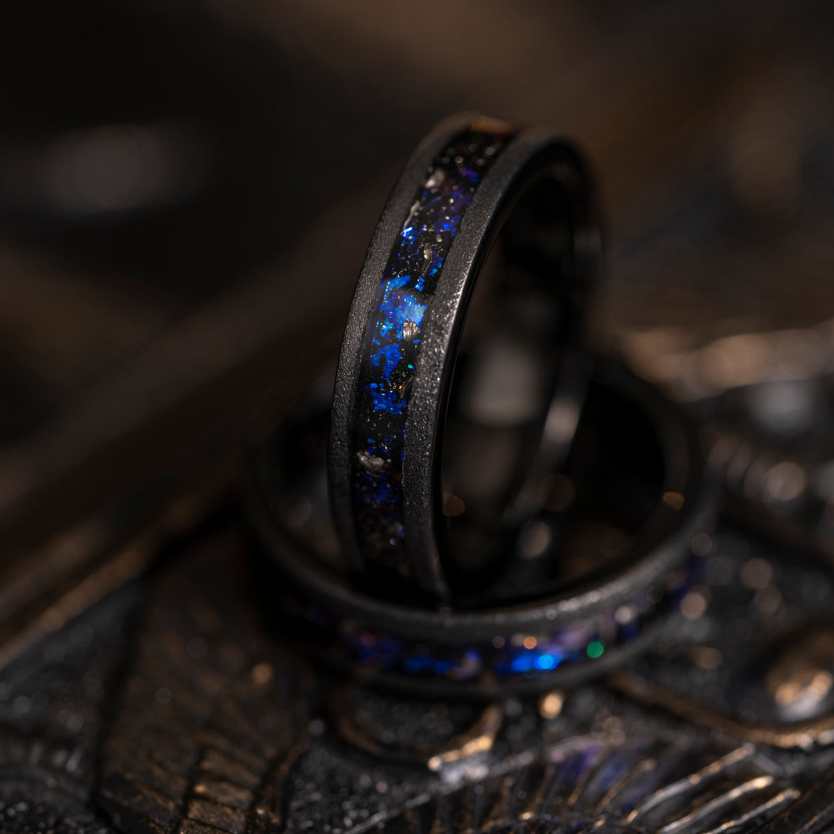 &quot;Zeus&quot; Flat Nebula Ring- Meteorite and Opal- Black 5mm Womens