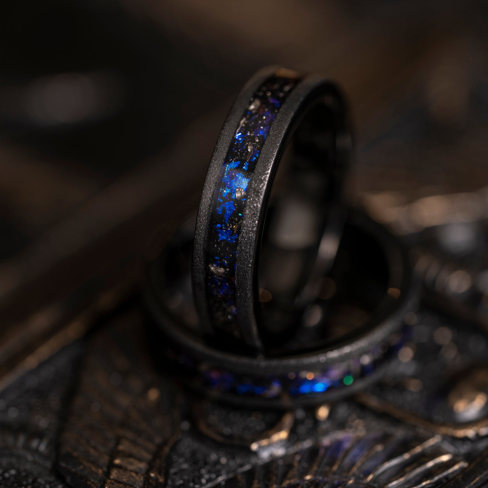 "Zeus" Flat Nebula Ring- Meteorite and Opal- Black 5mm Womens