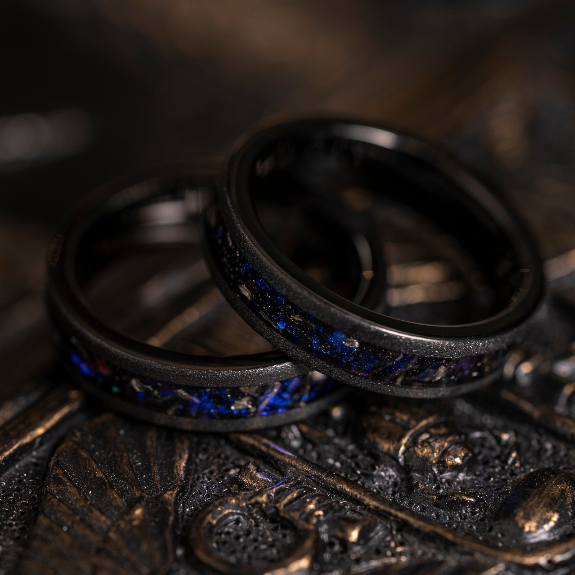 "Zeus" Flat Nebula Ring- Meteorite and Opal- Black 5mm Womens