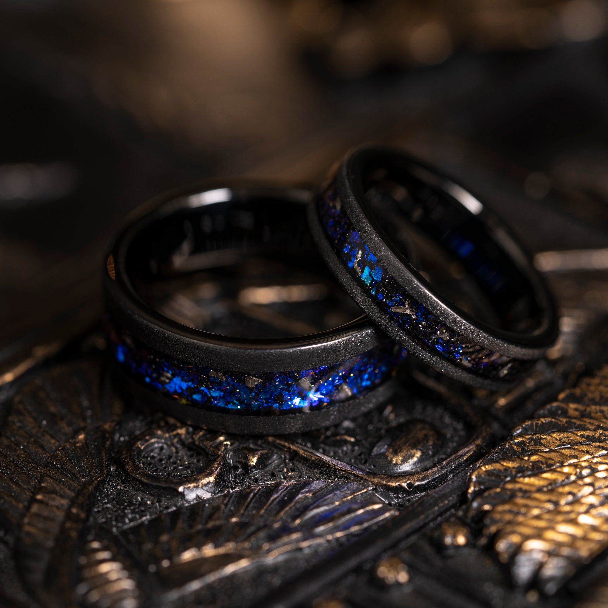 "Zeus" Flat Nebula Ring- Meteorite and Opal- Black 8mm