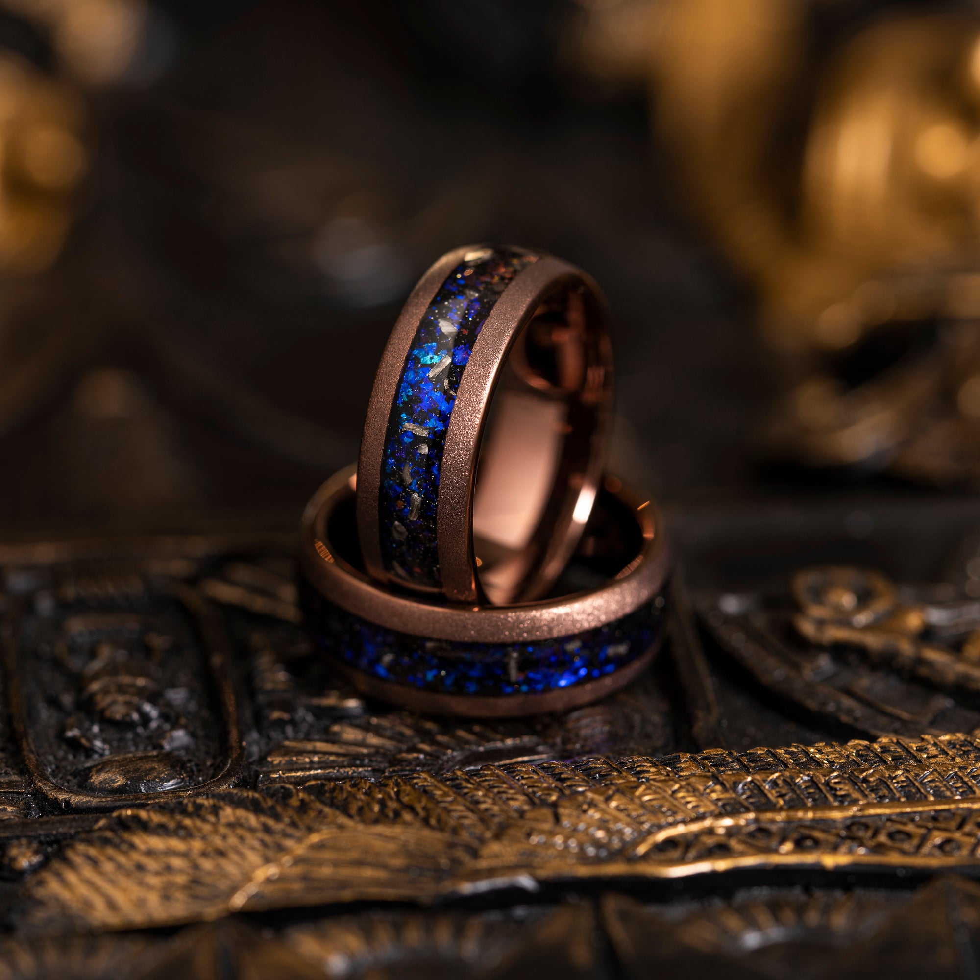 "Zeus" Domed Nebula Ring- Meteorite and Opal- Smoked Rose Gold 8mm