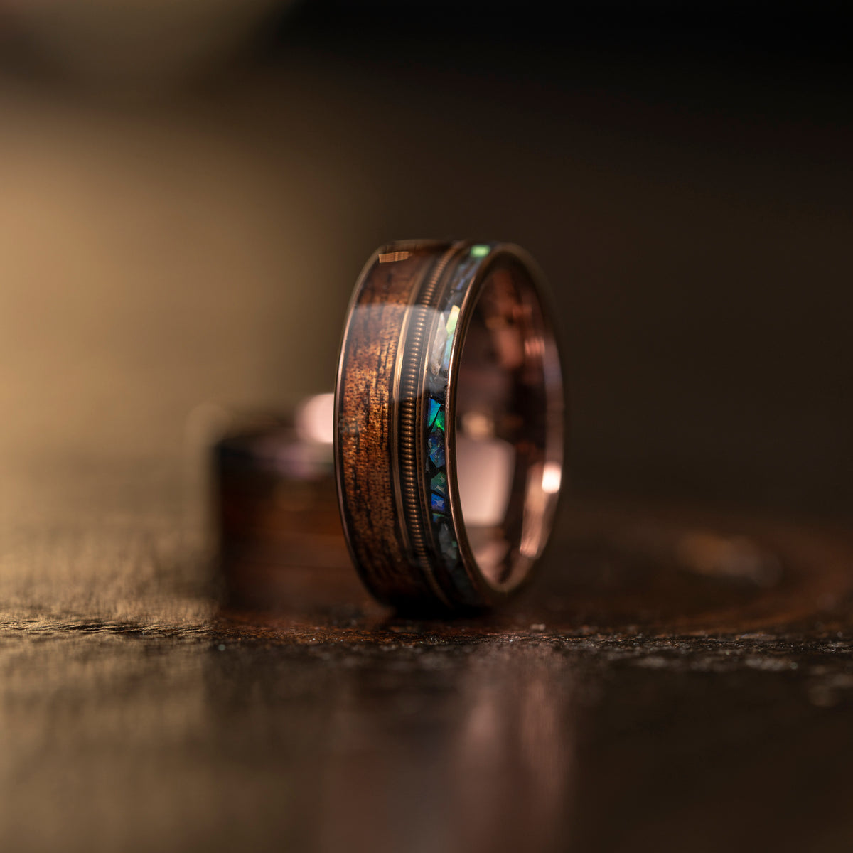 &quot;Dionysus&quot;  Hawaiian Koa Wood x  Abalone x Guitar String Ring- Smoked Rose Gold Tungsten