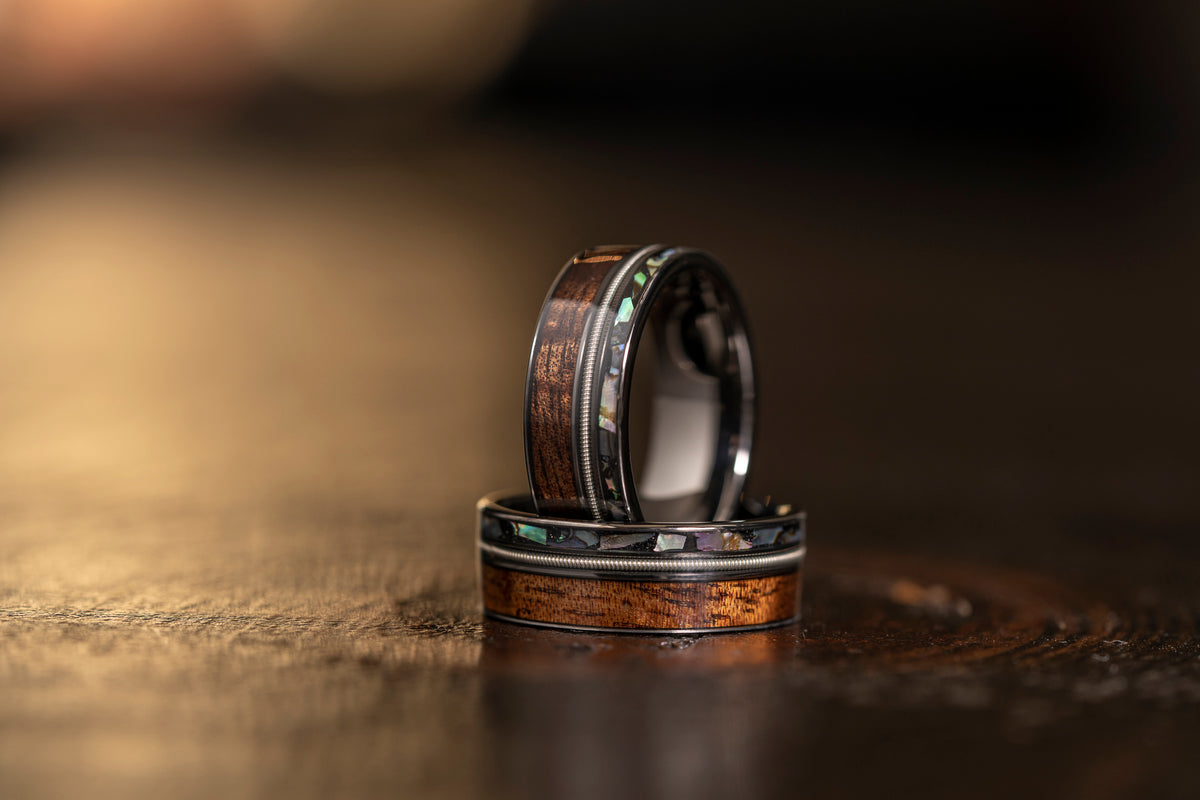 "Dionysus"  Hawaiian Koa Wood x  Abalone x Guitar String Ring- Gunmetal Tungsten