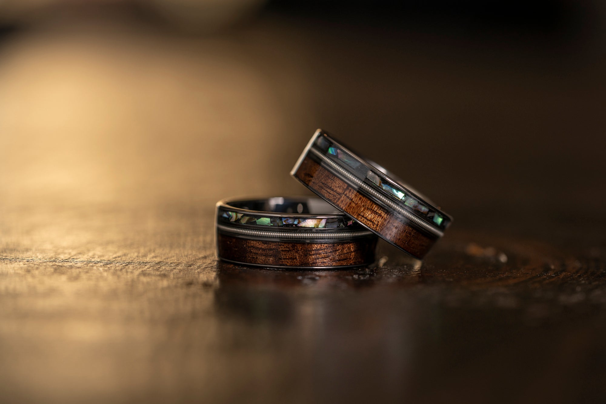 "Dionysus"  Hawaiian Koa Wood x  Abalone x Guitar String Ring- Gunmetal Tungsten