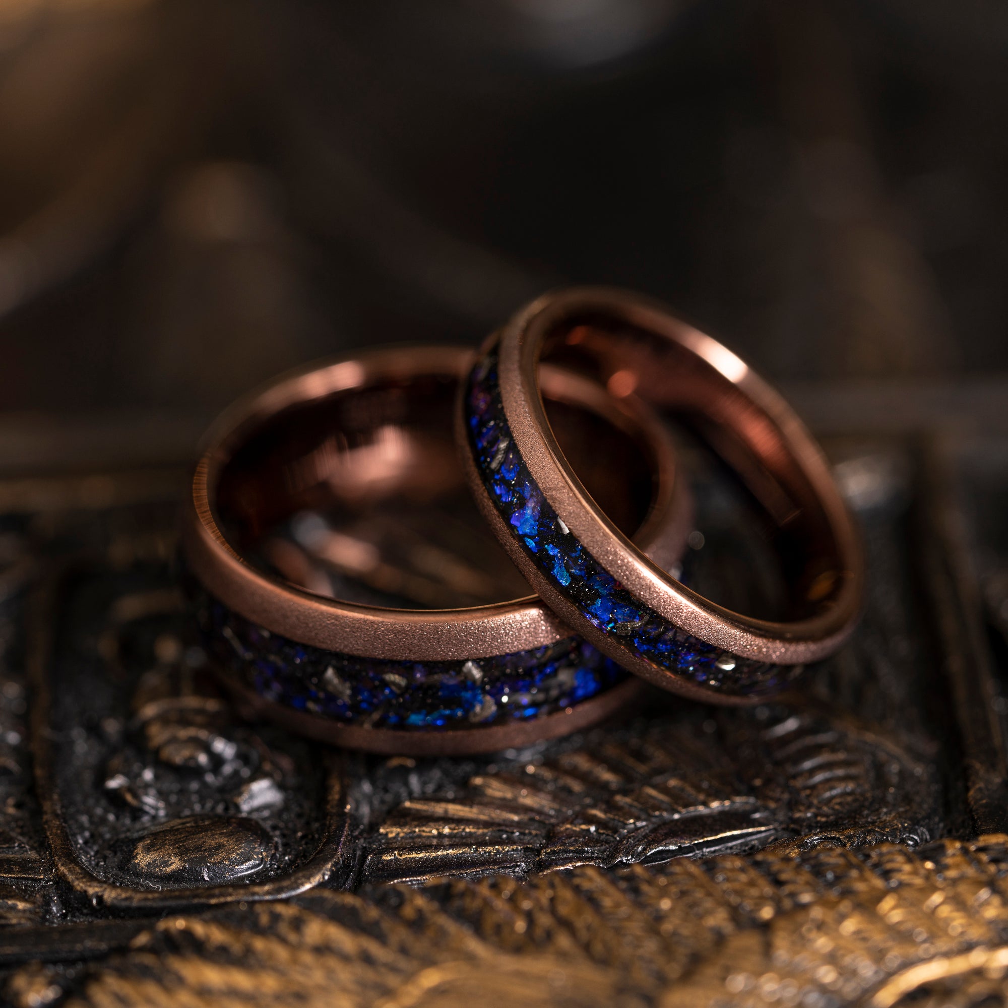 "Zeus" Domed Nebula Ring- Meteorite and Opal- Smoked Rose Gold 8mm