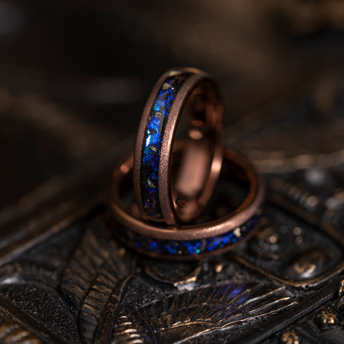 &quot;Zeus&quot; Domed Nebula Ring- Meteorite and Opal- Smoked Rose Gold 5mm Womens