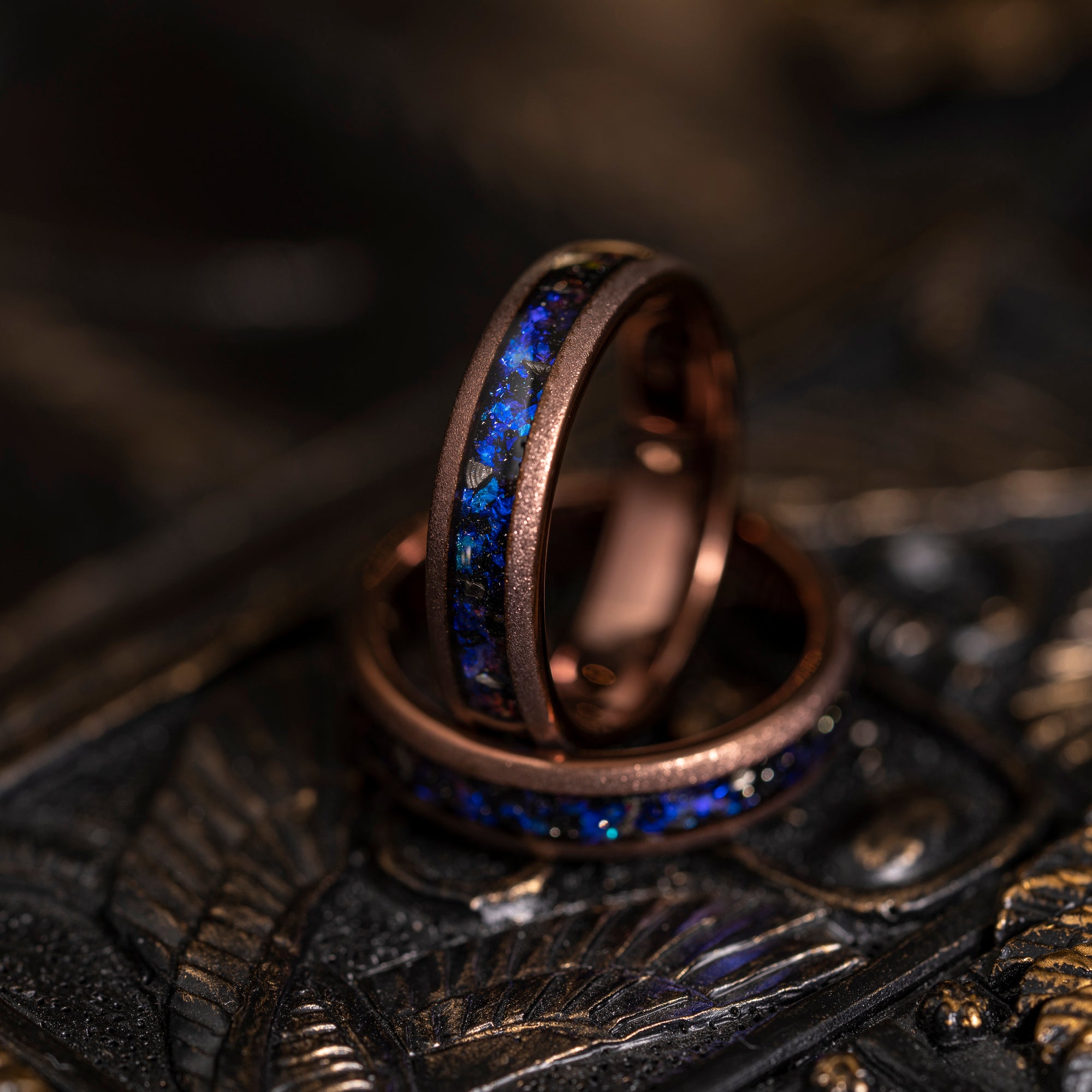 "Zeus" Domed Nebula Ring- Meteorite and Opal- Smoked Rose Gold 5mm Womens