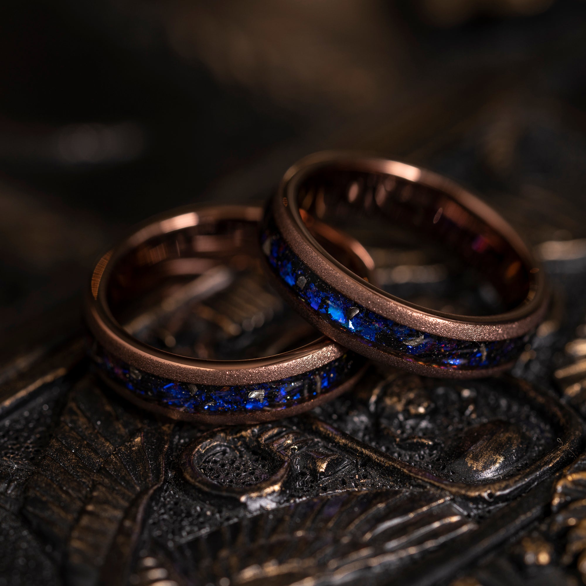 "Zeus" Domed Nebula Ring- Meteorite and Opal- Smoked Rose Gold 5mm Womens